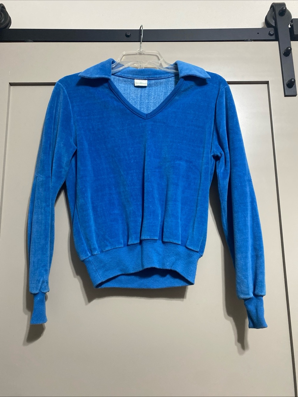 Vintage 70’s Sears Jr Bazaar Royal Blue Velour V-Neck Sweater with Collar